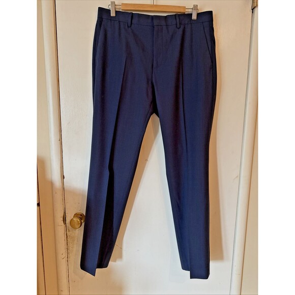 Theory Mayer Blue Wool Pattern Plaid Stretch Suit Pants | 33W - Picture 1 of 16